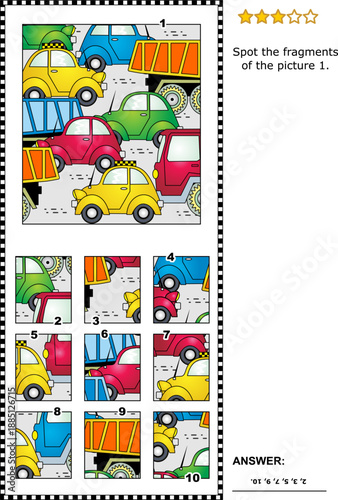 High traffic abstract visual puzzle with cars and trucks on the road: Spot the fragments of the picture 1. Answer included.
