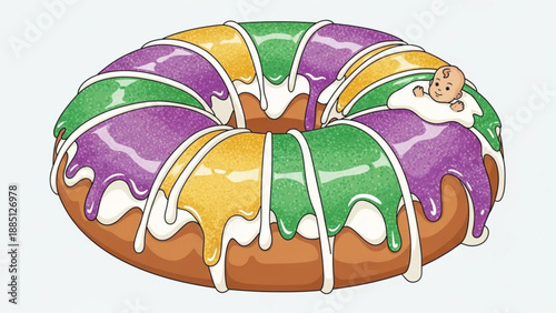 King cake with purple green and gold icing featuring a hidden baby traditional Mardi Gras dessert illustration