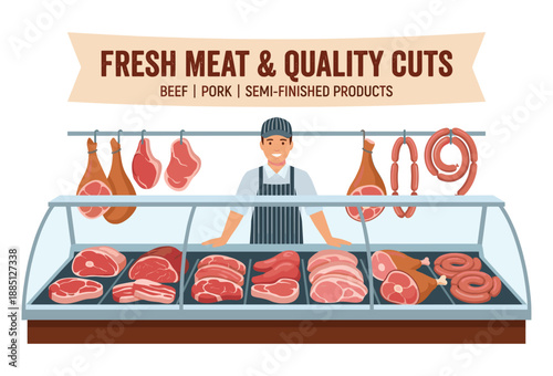 Butcher's Fresh Meat Display: A cheerful butcher stands proudly behind a display case brimming with an enticing array of fresh meat cuts, perfectly showcasing the quality and freshness.