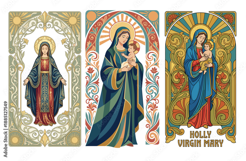 Naklejka premium Holly Virgin Mary, Iconographic Trio: A set of exquisite depictions of the Holly Virgin Mary, each artfully rendered with vibrant colors and intricate details.