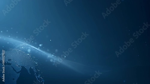 Digital earth globe on a deep blue background, data particles and light beam sweeping over the planet edge with subtle motion and large copy space for global technology and connectivity concepts