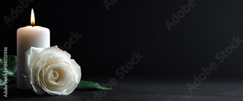 White rose flower with burning candle on black background symbolizing mourning grief loss condolence sympathy remembrance memorial funeral death sorrow tribute sadness spiritual purity peace