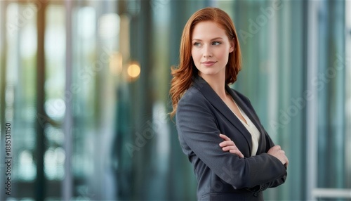 Free Download Redheaded white woman looking back in modern office - GFXLoad
