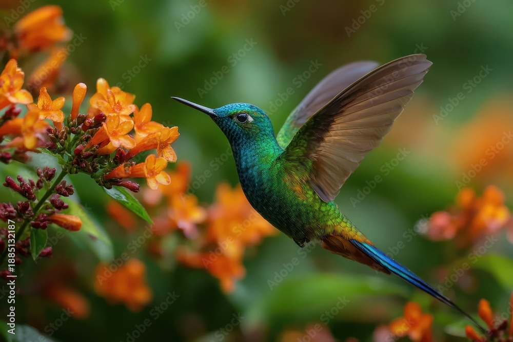 Naklejka premium Hummingbird Longtailed Sylph Aglaiocercus kingi feeding on vibrant orange flowers in a lush garden during daylight hours
