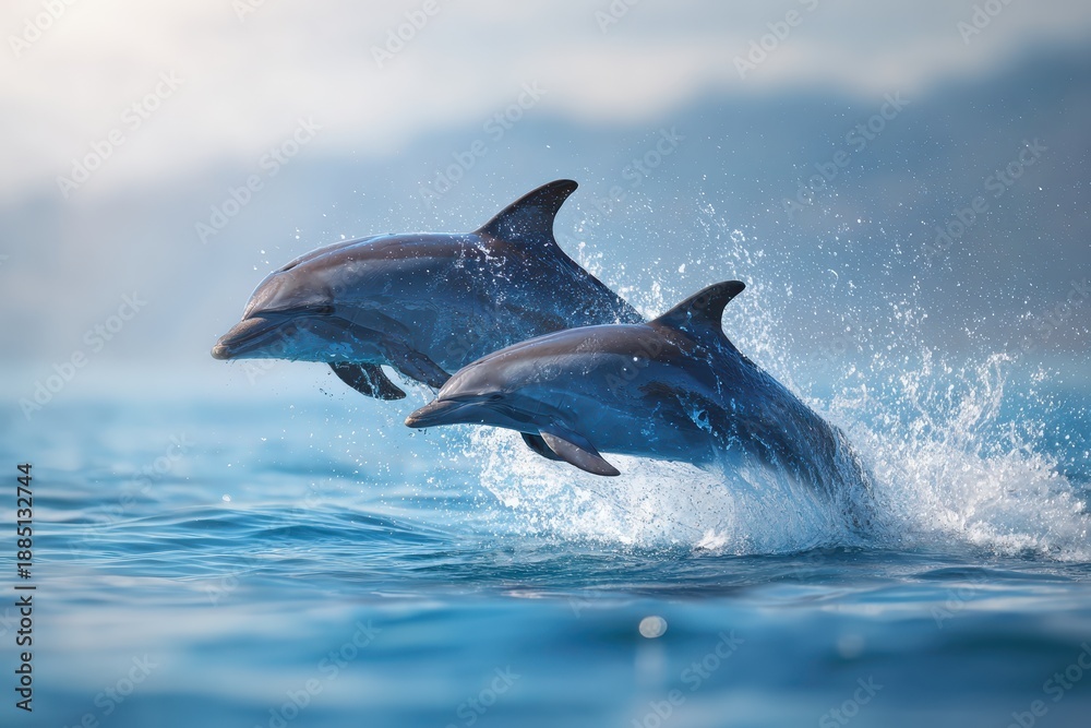 Fototapeta premium Dolphins leap gracefully above the shimmering blue ocean waters under a bright sky, showcasing their playful nature and agility during a sunny afternoon
