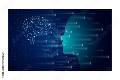 digital ai face with data and neural lines
