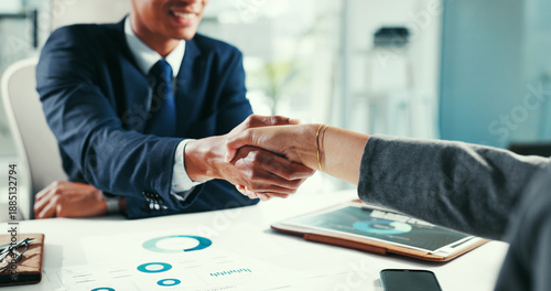 Schilderij op canvas Business people, meeting and handshake with agreement in office for partnership or deal