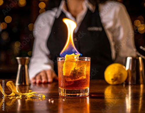  Bebida con efecto de fuego sobre vaso en ambiente oscuro de bar.
