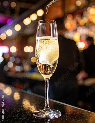  Bebida espumosa en copa alta con burbujas en ambiente nocturno.
