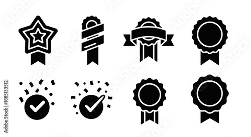 Collection of award, badge, and medal icons with ribbons, stars, checkmarks, and circular designs