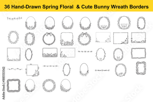 Set of 36 hand drawn spring floral wreath borders and cute bunny characters, easter greeting designs with doodle elements