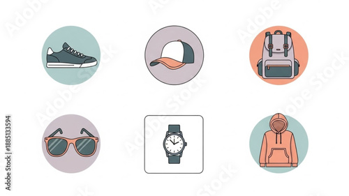 Collection of six circular icons representing various items.