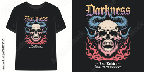 darkness horned skull with flames fear nothing since mcmlxxxvii streetwear graphic t shirt design vector illustration artwork
