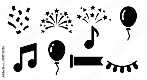 Collection of black silhouette festive decorations including balloons, fireworks, and banners