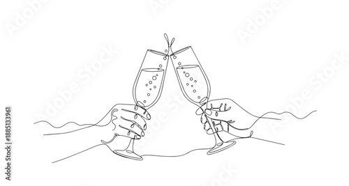 A stylized continuous line drawing elegantly captures the festive moment of two hands clinking sparkling champagne flutes in a toast
