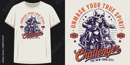 unmask your true spirit challenger the new york city vintage skeleton motorcycle biker t shirt design vector illustration artwork
