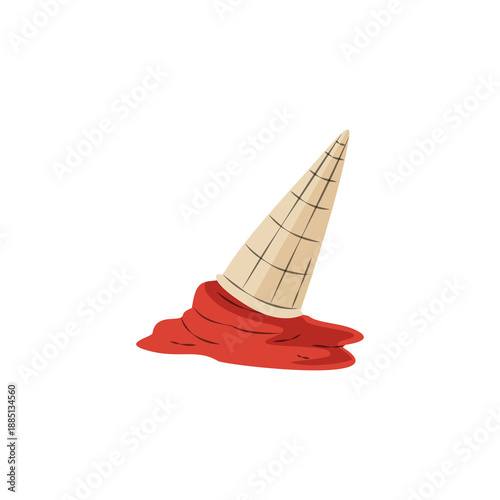 Upside down dessert item lies melted on a solid white background