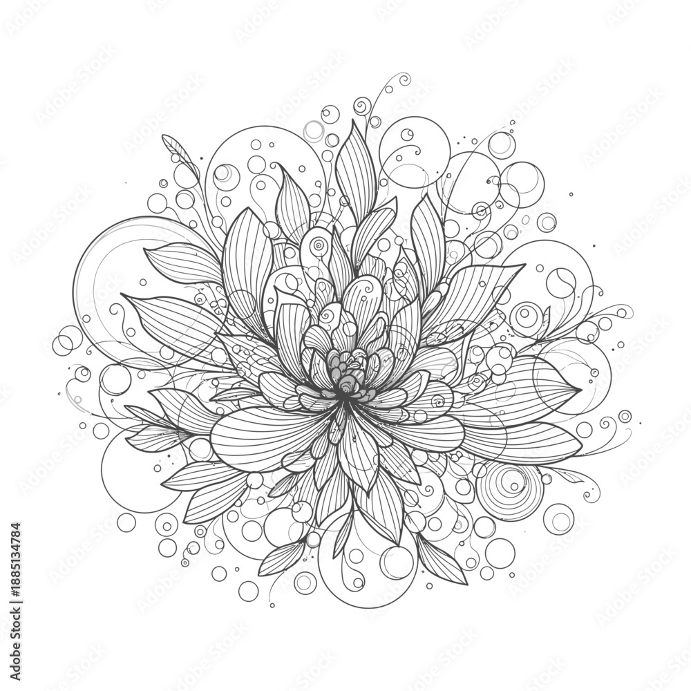 Fototapeta premium Intricate line art illustration of a stylized floral bloom surrounded by abstract circular elements and delicate leaves.