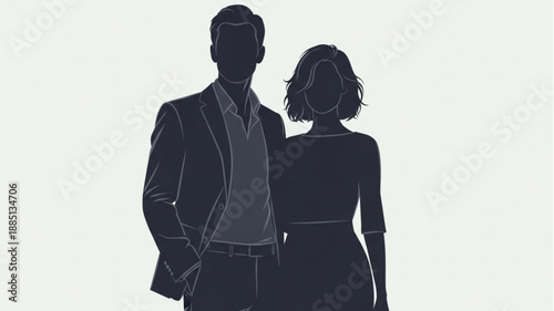 Silhouette Couple Standing Together White Background.