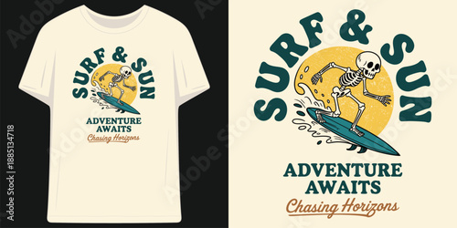 surf and sun adventure awaits chasing horizons vintage skeleton surfing beach tropical sun t shirt design vector illustration artwork
