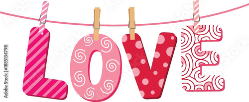 Love letters hanging on a clothesline with clothespins