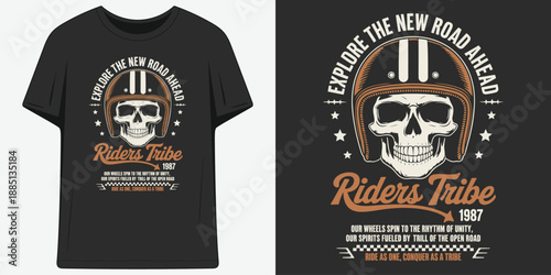 explore the new road ahead riders tribe 1987 vintage biker skull with helmet artwork t shirt design vector illustration artwork
