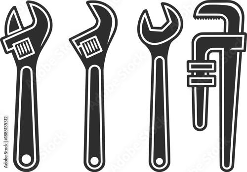 Adjustable Wrench Tools Line Art Icon Set.