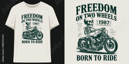 freedom on two wheels 1987 born to ride vintage skeleton motorcycle biker spirit t shirt design vector illustration artwork
