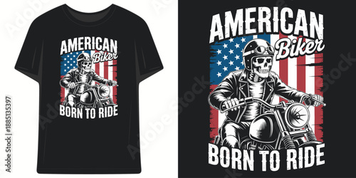 american biker born to ride skeleton riding motorcycle with usa flag patriotic vintage t shirt design vector illustration artwork
