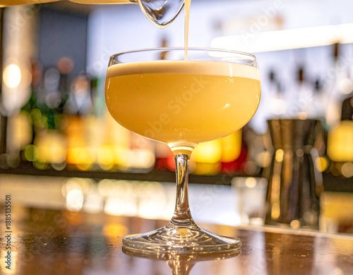  Bebida cremosa en copa con espuma suave y fondo desenfocado de bar.
