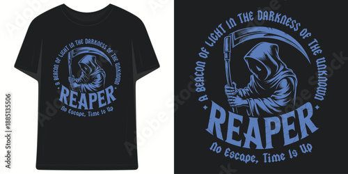 grim reaper beacon of light in the darkness of the unknown no escape time is up t shirt design vector illustration artwork
