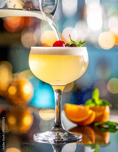  Cóctel claro con espuma decorado con fruta en copa elegante sobre barra.
