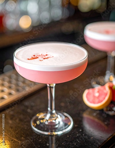  Cóctel rosado con decoración de fruta en copa sobre barra.
