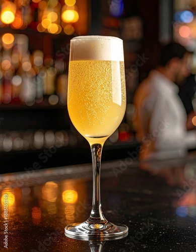  Copa de champagne con burbujas en ambiente de bar elegante.
