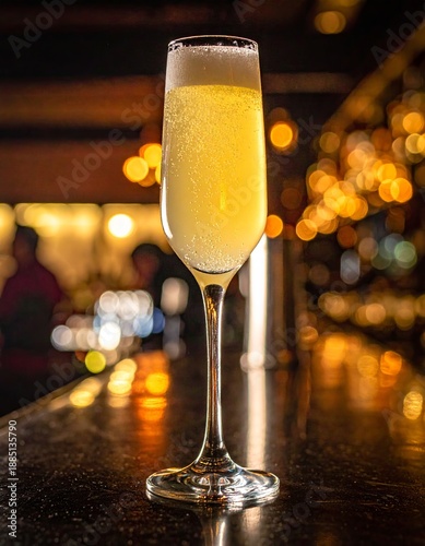  Copa de champán con burbujas finas sobre barra con fondo luminoso desenfocado.
