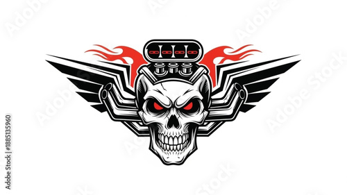 Skull with Wings and Engine Illustration.