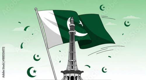 Pakistan flag waving on minar e pakistan monument with green background and crescent moon symbols