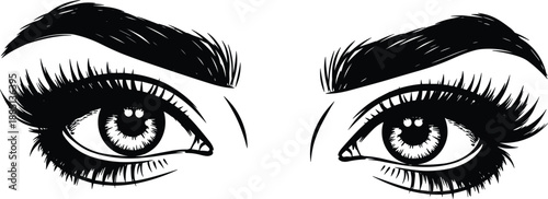 Beautiful black and white hand drawn female eyes with long lashes and thick eyebrows for beauty salon makeup artistry cosmetic branding and eyelash extension concept (24 words)