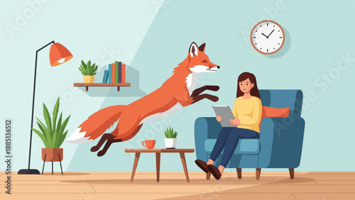 A fox jumps across a room where a woman sits reading on a couch