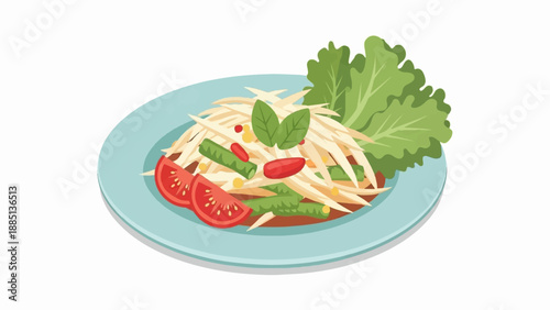 A fresh green papaya salad with tomatoes and beans
