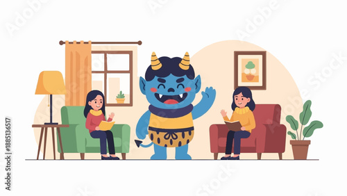 A friendly blue monster joins two children reading books in a cozy living room