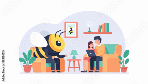 A friendly bee shares a laptop with a family in a cozy living room setting