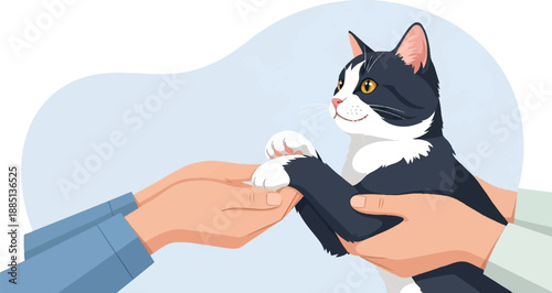A friendly cat's paw is gently held by two human hands