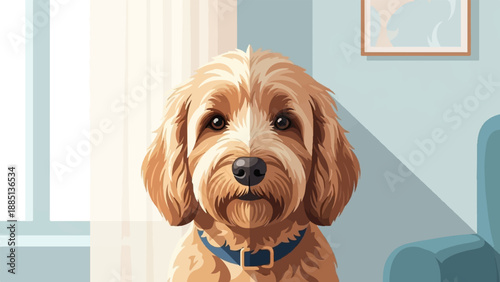 A friendly, fluffy, golden-brown canine with expressive eyes sits indoors