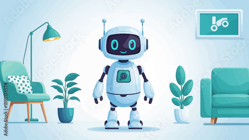 A friendly robot stands in a modern living room with two teal sofas and potted plants