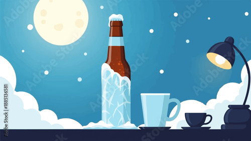 A frosty bottle sits next to mugs under a moonlit sky