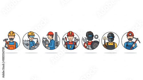 Diverse group of skilled industrial workers in protective gear.