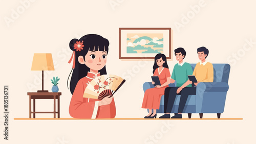 A girl in traditional dress holds a fan, while a family sits on a couch