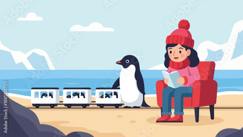 A girl reads a book while sitting in a chair near a train with penguins