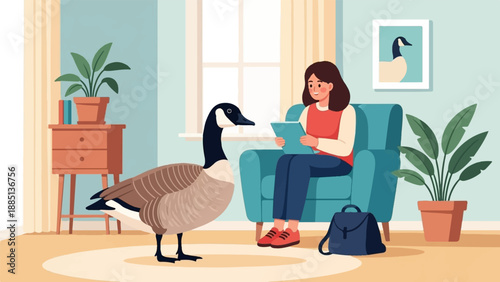 A girl reads a tablet as a goose stands nearby in a cozy room